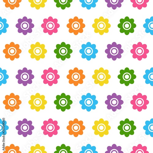 Seamless background with colorful flowers in flat design on white background