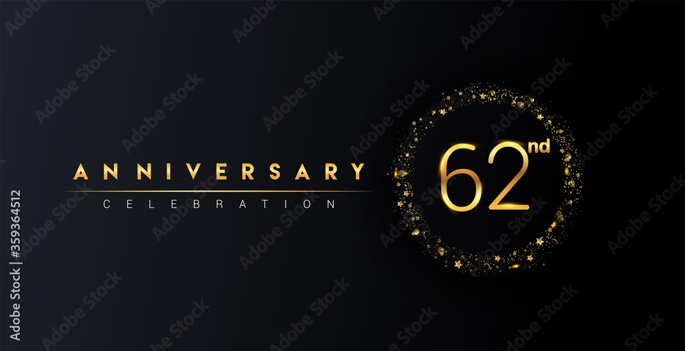 Fototapeta premium 62nd anniversary logo with confetti and golden glitter ring isolated on black background, vector design for greeting card and invitation card.