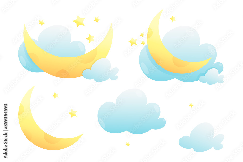 Obraz Nocne niebo z gwiazdami i księżycowymi obiektami na białym tle kolekcja clipartów dla dzieci. Ręcznie rysowane w stylu przypominającym akwarele wektor chmury księżyc i gwiazdy na białym tle kreskówka.
