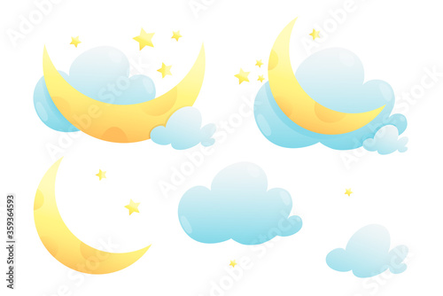 Night sky with stars and moon objects isolated clipart collection for kids. Hand drawn in watercolor style vector clouds moon and stars isolated cartoon.