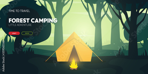 Summer camp. Travel and Adventure. Sunset in the forest. Climbing, Trekking, Hiking, Walking. Campfire Nature landscape.