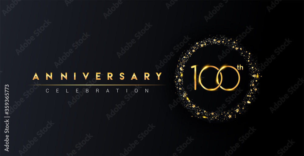 100th anniversary logo with confetti and golden glitter ring isolated ...