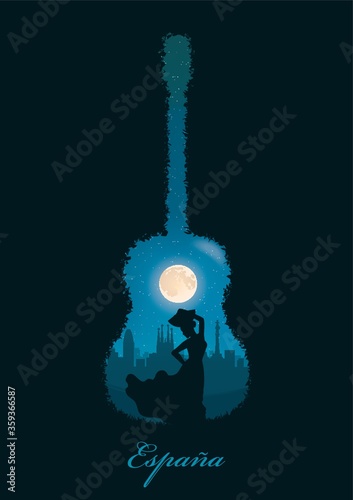 double exposure of guitar and flamenco dancer