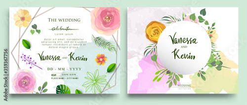 Wedding Invitation, floral invite thank you, rsvp modern card Design: green tropical palm leaf greenery eucalyptus branches decorative wreath & frame pattern. Vector elegant watercolor rustic template
