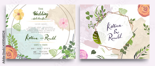 Wedding Invitation, floral invite thank you, rsvp modern card Design: green tropical palm leaf greenery eucalyptus branches decorative wreath & frame pattern. Vector elegant watercolor rustic template