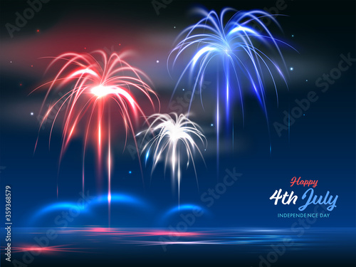 Happy 4th July Independence Day Celebration Background with Fireworks and Lights Effect.