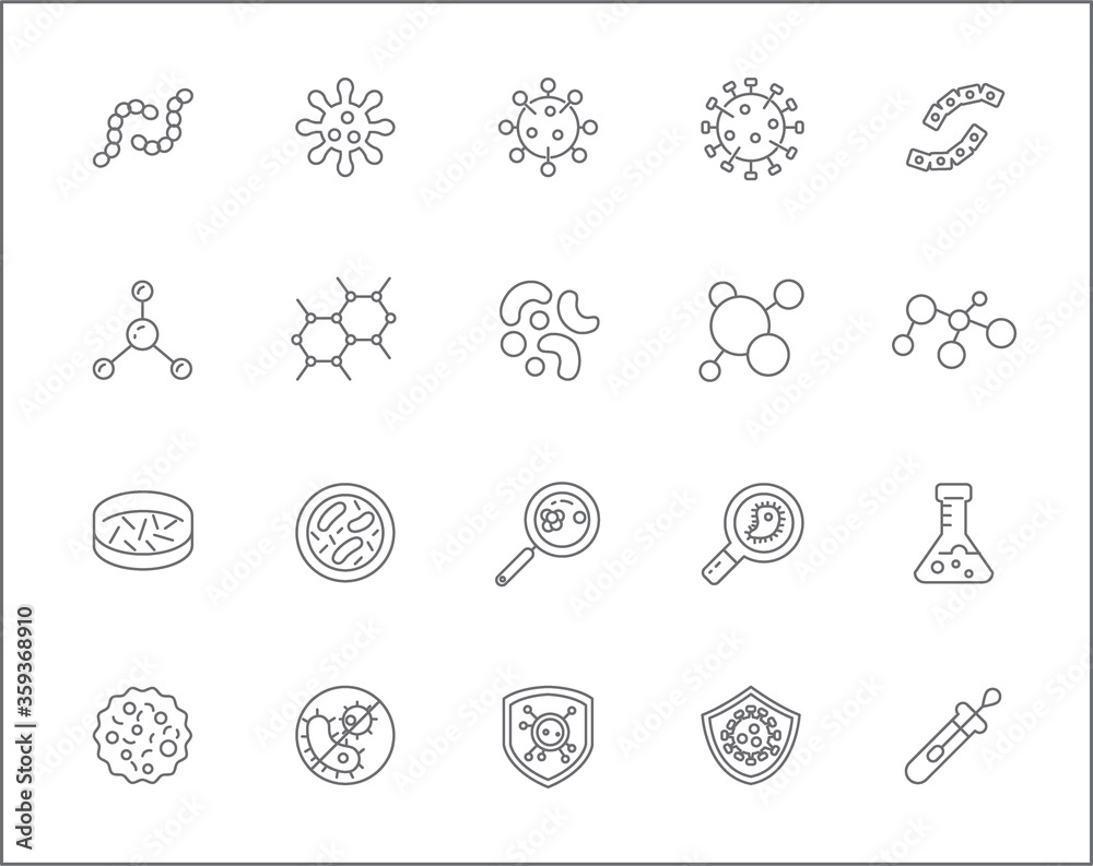 Set of bacteria and virus icons line style. It contains such Icons as germ, bacillus, instruction, medicine, healthcare, vaccination, antivirus, protection shield, chemistry, hospital, flu and other 