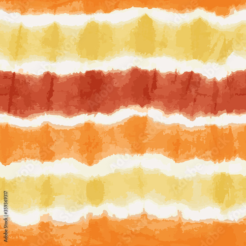 Orange yellow tie dye stripes seamless vector pattern. Textured japanese shibori background. Modern batik watercolor backdrop for fabric, wallpaper, scrapbooking projects, swimmwear.