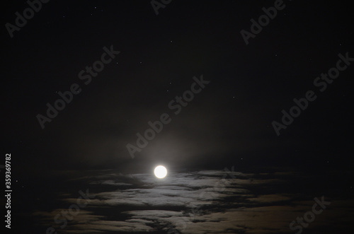 Black background of the night sky. A white fuzzy moon and some bright stars through smoky clouds over a layer of gray clouds.