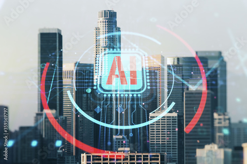 Double exposure of creative artificial Intelligence abbreviation hologram on Los Angeles office buildings background. Future technology and AI concept
