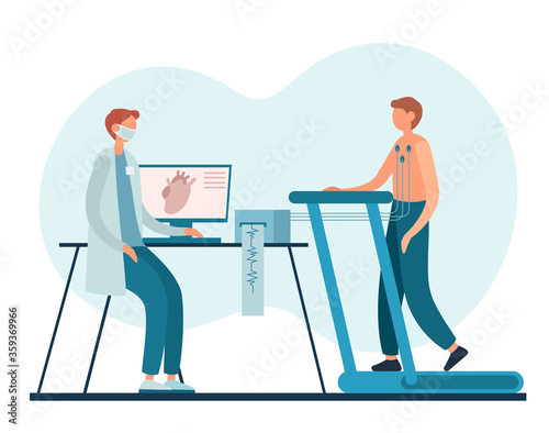 Cardiologist and patient during stress test in hospital
