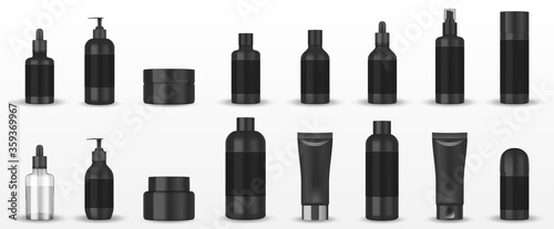 Realistic blank black cosmetic tubes isolated. Mockup cosmetic containers hand cream, shampoo, liquid soap pump, spray, oil, gel, lotion bottle. Vector photo