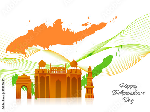Indian Famous Monuments with Saffron and Green Grunge Paint Effect on Abstract Waves White Background for Happy Independence Day.