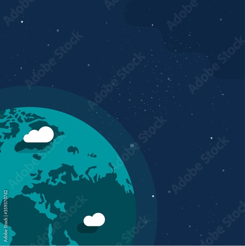 Earth planet from outer space banner for copy space text vector or world globe from universe poster template flat illustration, concept of astronomy cartoon modern design with galaxy