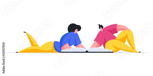 Happy man and woman reading book together