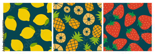 Berry and fruit seamless pattern set. Vector food fashion print. Lemon, pineapple and strawberry. Design elements for textile or clothes. Hand drawn doodle repeating delicacies. Cute background