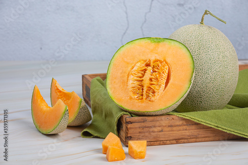 Schilderij op canvas Japanese melon or cantaloupe, cantaloupe, seasonal fruit, health concept