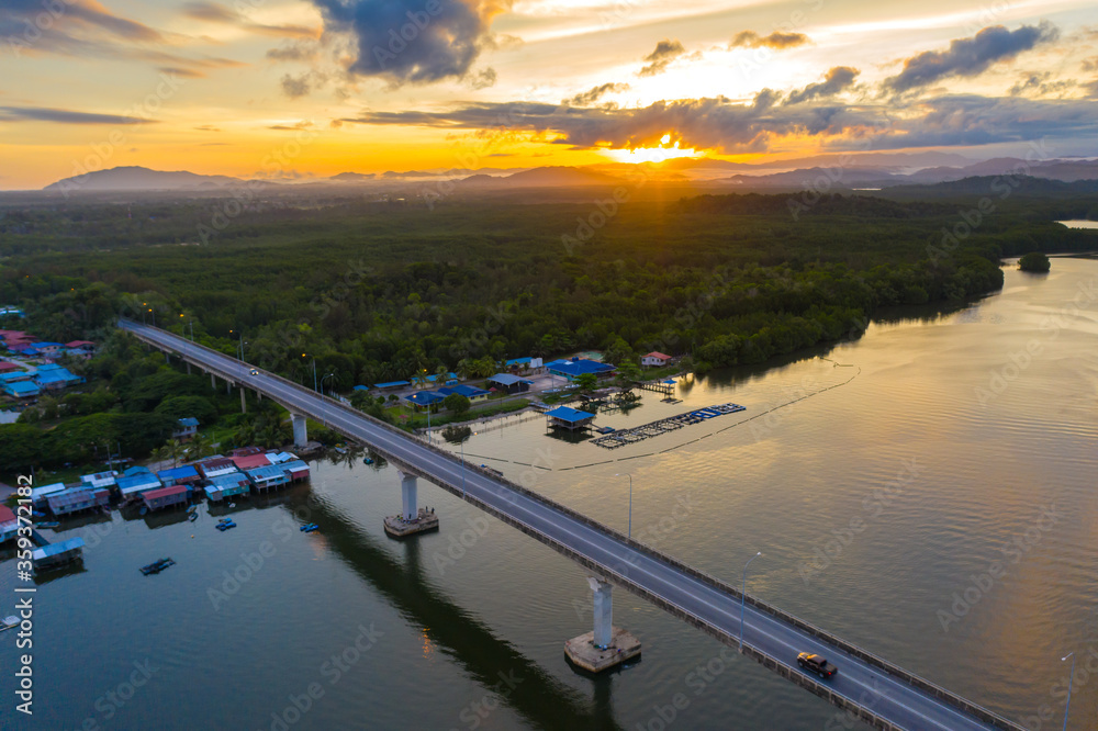 Aerial image of Mengkabong River during twilight sunrise at Tuaran, Sabah