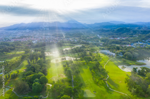 Aerial view putting green and beautiful turf golf course in Kota Kinabalu  Sabah  Malaysia