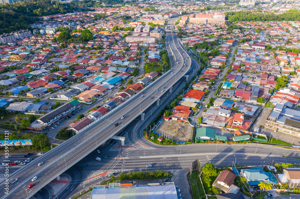 Aerial image of car moving on Kota Kinabalu City, Sabah, Malaysia