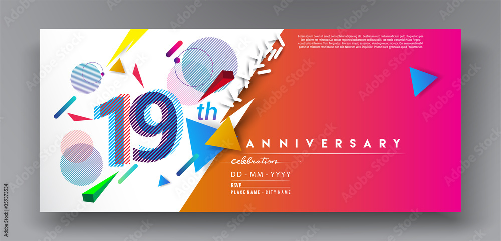 19th years anniversary logo, vector design birthday celebration with colorful geometric isolated on white background.