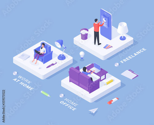 Cartoon illustration with people working remotely from home