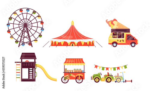 Summer fest set. Amusement park on summer fair festival. Festival attractions with circus tent, slot machines, kiosk, tent with food, ice cream