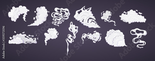 Comic smoke cloud set. Smoking cartoon steam clouds with motion sprite speed. 
