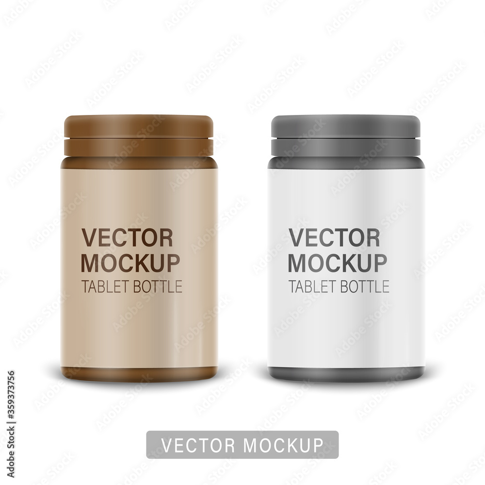 White matte plastic bottle with snap hinge push on cap for medicine, tablets, pills. Photo-realistic packaging mockup template with sample design. Front view. Vector 3d illustration. White matte plastic bottle with snap hinge push on cap for medicine, tablets, pills. Photo-realistic packaging mockup template with sample design. Front view. Vector 3d illustration.