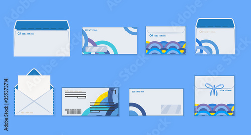 Corporate identity template white envelopes set. Blank mockups front back open closed transparent window in front. 