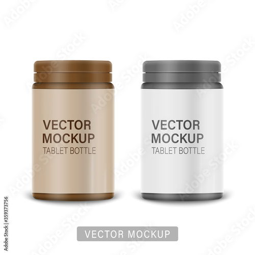 White matte plastic bottle with snap hinge push on cap for medicine, tablets, pills. Photo-realistic packaging mockup template with sample design. Front view. Vector 3d illustration.