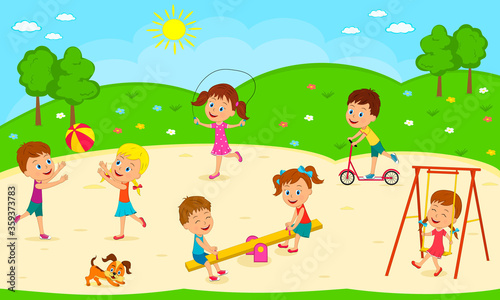 kids, boys and girls are playing on the playground, illustration,vector