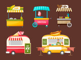 Street van, trading, fast machine transport products food, shop truck with stall. Street food market vector