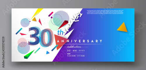 30th years anniversary logo, vector design birthday celebration with colorful geometric isolated on white background.