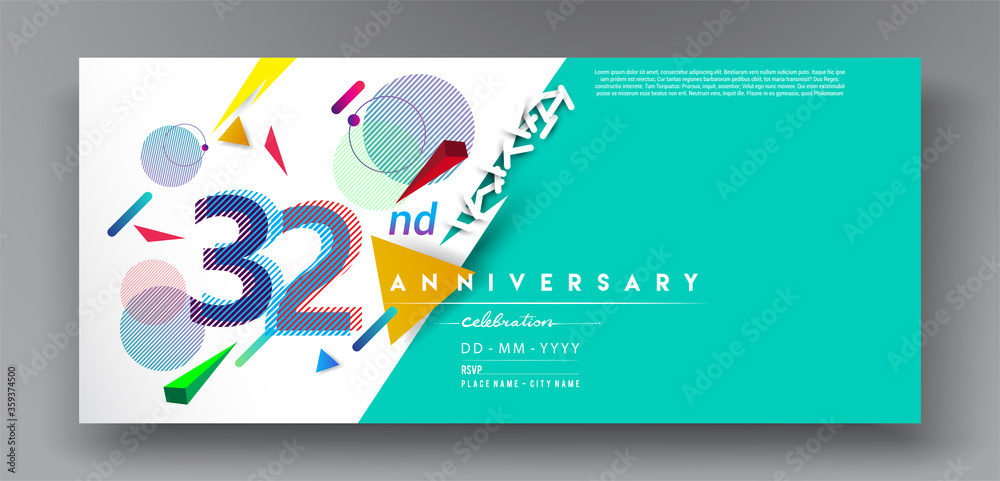 32nd years anniversary logo, vector design birthday celebration with colorful geometric isolated on white background. 32nd years anniversary logo, vector design birthday celebration with colorful geometric isolated on white background.