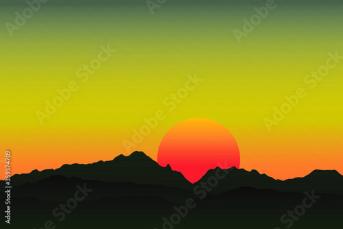 sunset in mountains vector, Evening nature.