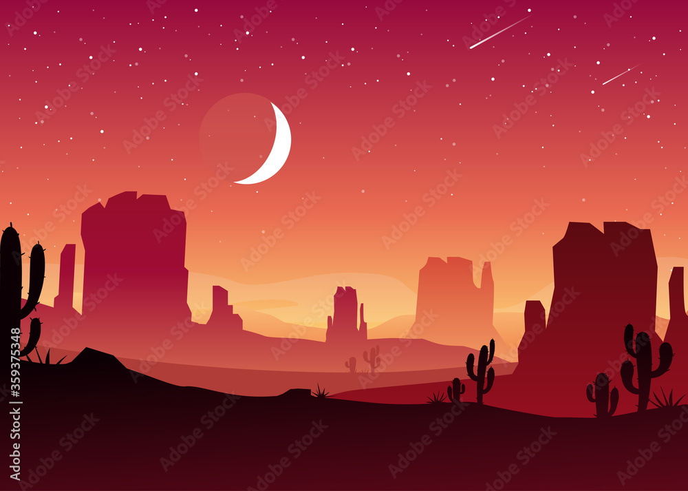 Fototapeta premium Vector illustration of desert sunset and night landscape with silhouettes of stones, mountains, hills, plants and cactuses. Cartoon Western scene under the moon. Night in Mexican desert.