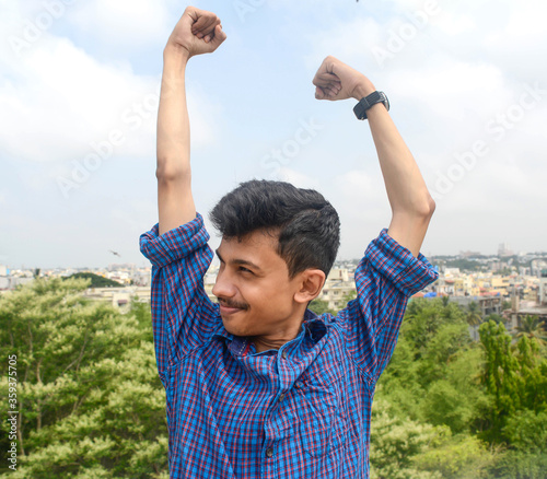 Portrait of young teen man . teen with unknown happiness.