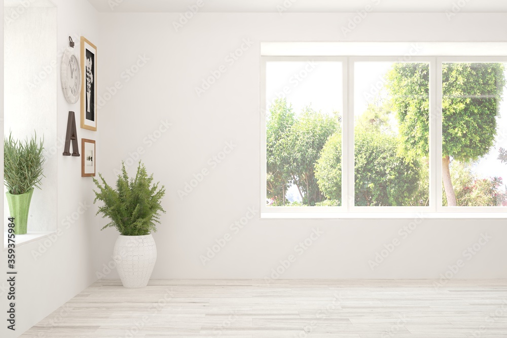 White empty room with summer landscape in window. Scandinavian interior design. 3D illustration White empty room with summer landscape in window. Scandinavian interior design. 3D illustration