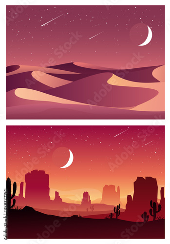 Vector set illustration of desert sunset and night landscape with  silhouettes of stones, mountains, hills, plants and cactuses. Cartoon Western scene under the moon. Night in Mexican desert