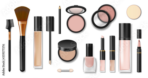 Set of realistic cosmetic makeup products. Blank template of containers for face cosmetic, eyeshadow, lipstick, brush, powder, nail polish and mascara. Vector