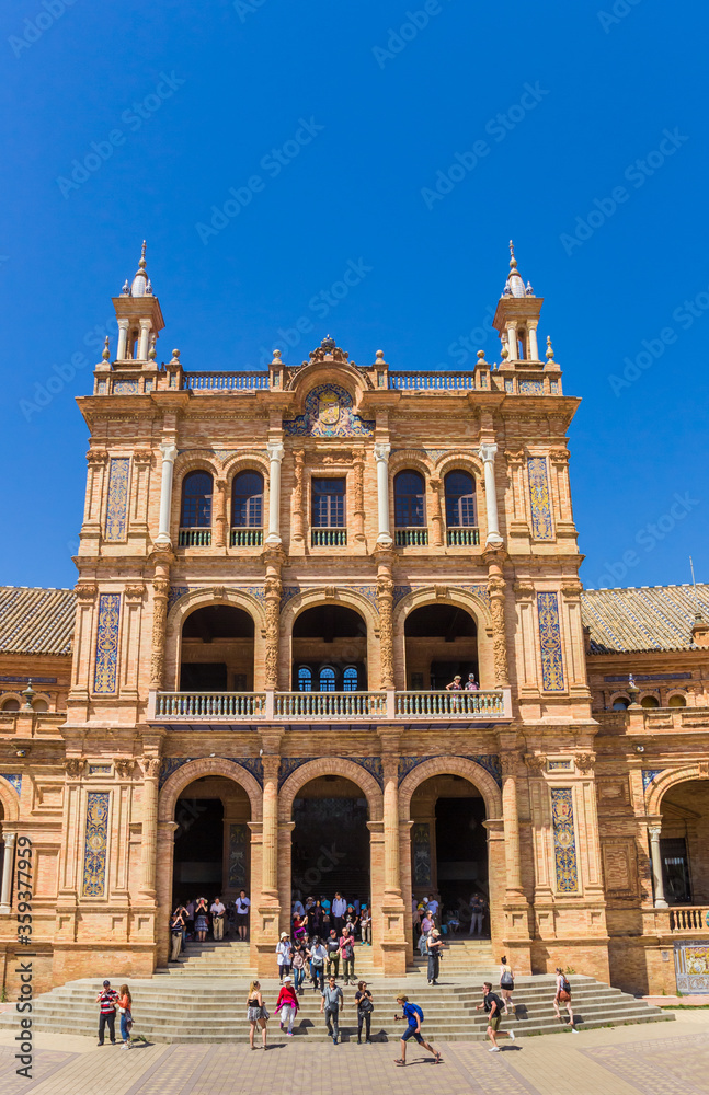 Steps in front of the historic building of the Plaza Espana in Sevilla, Spain