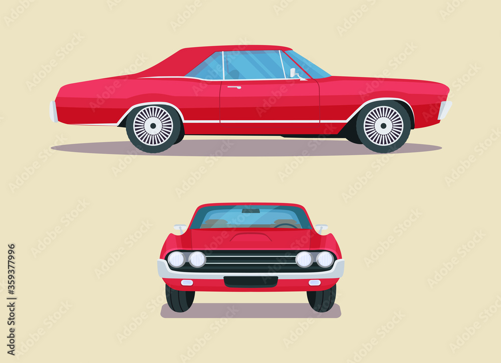 Classic red car isolated. Set, side and front view. Vector  illustration
