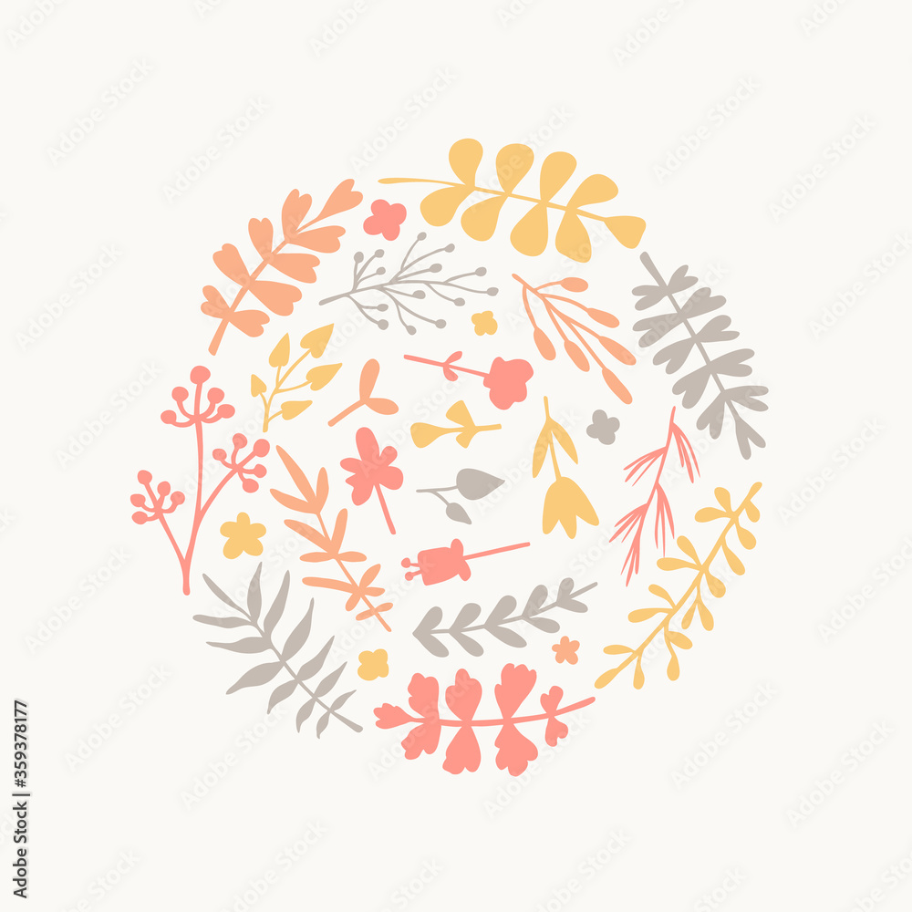 Set of hand drawn floral elements in flat style. Simple plants, flowers, branches in the circle. Vector retro illustration for design card, poster, banner, flayer, web