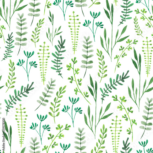 Watercolor seamless floral pattern with herbs. Simple plants
