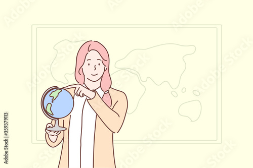 Education, teaching, geography concept. Young woman girl teacher cartoon character stands in class holds globe in hand showing countries. Getting geographical knowledge and back to school illustration
