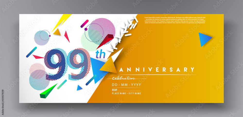 Naklejka premium 99th years anniversary logo, vector design birthday celebration with colorful geometric isolated on white background.