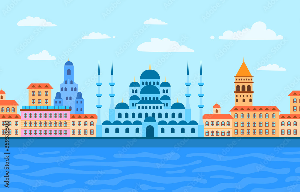 Cartoon Color View Istanbul Landscape Scene Concept. Vector