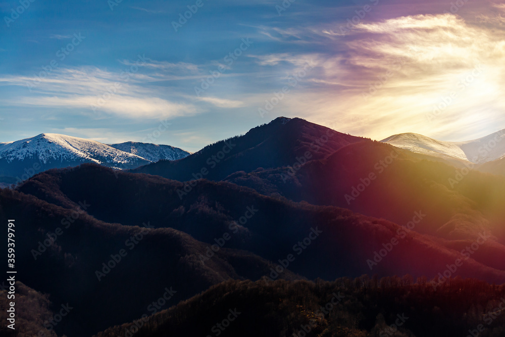 Panorama view of snow peak in the western Balkan Mountain, located in Bulgaria.
