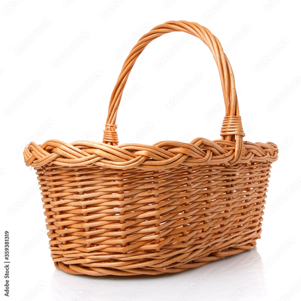 Big square brown wicker basket made of vines on a white background.